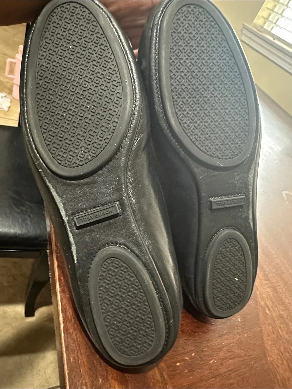 Tory Burch Black Leather Ballet Flats with Gold Logo Medallion